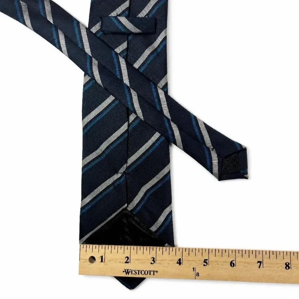 Mens Navy Blue Silver Teal Diagonal Stripe Woven Necktie Business Prep